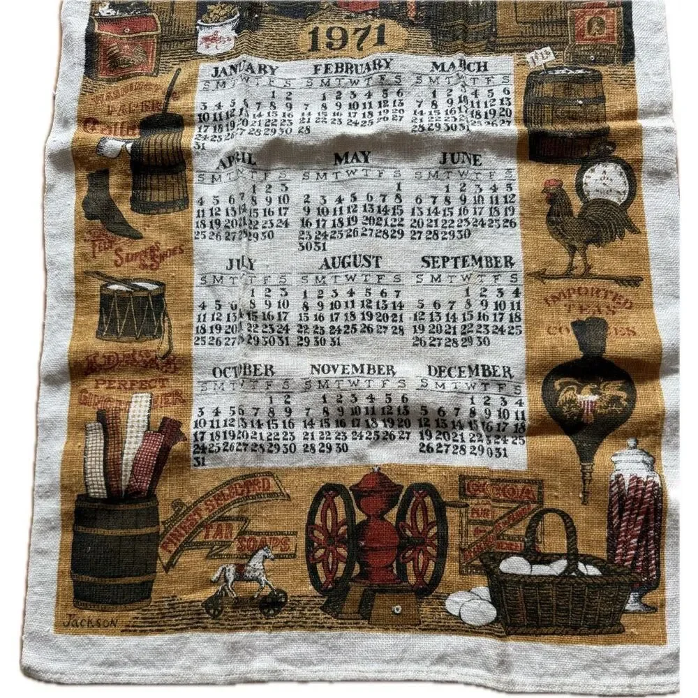 1971 Kay Dee Country Store Linen Cloth Kitchen Calendar Tea Towel NWOT